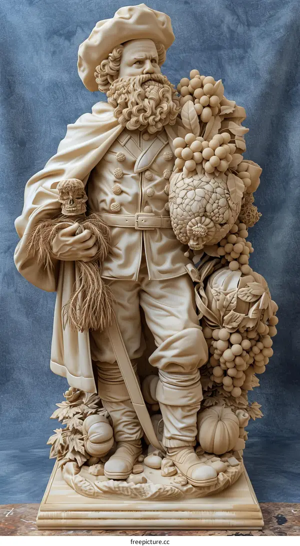 Statue of a Man with a Beard and a Hat Holding Skull and Grapes