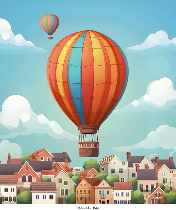 Cartoon Hot Air Balloon Floating Over Town