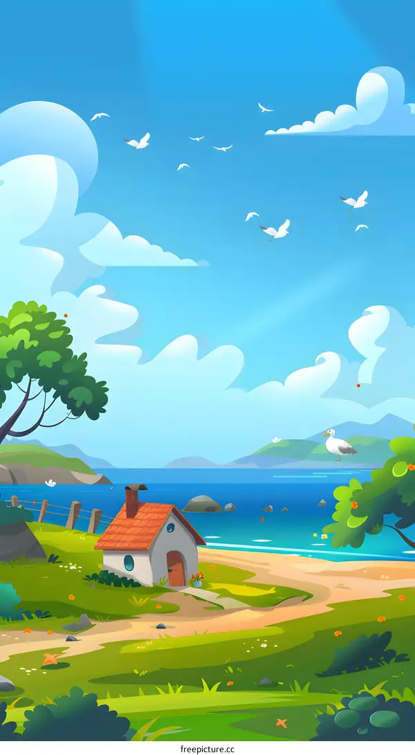 Cartoon Illustration of a House by the Sea on a Sunny Day