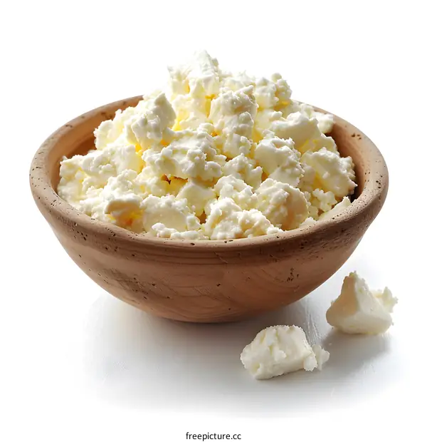 Fresh Cottage Cheese in a Wooden Bowl