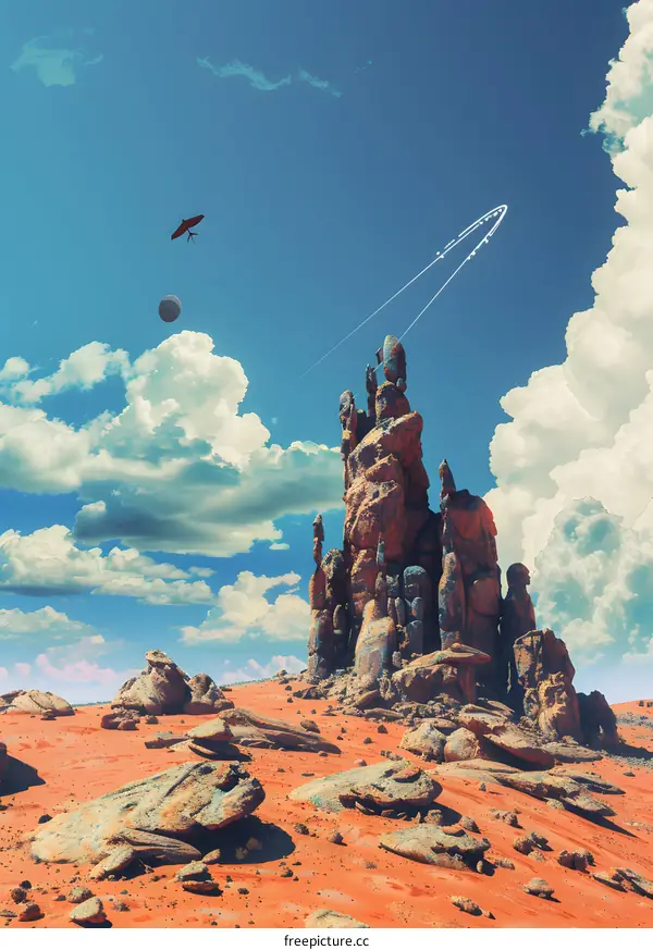 Fantasy Desert Landscape with Red Sand and a Tall Rock Formation
