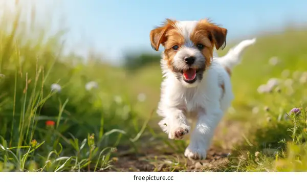 Small cute puppy dog running on the field