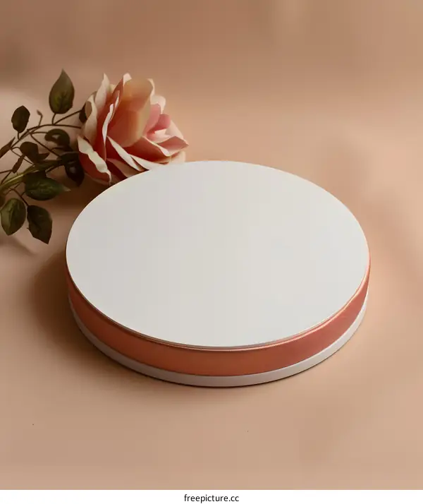 White Round Pedestal With Pink Rose on Beige Background