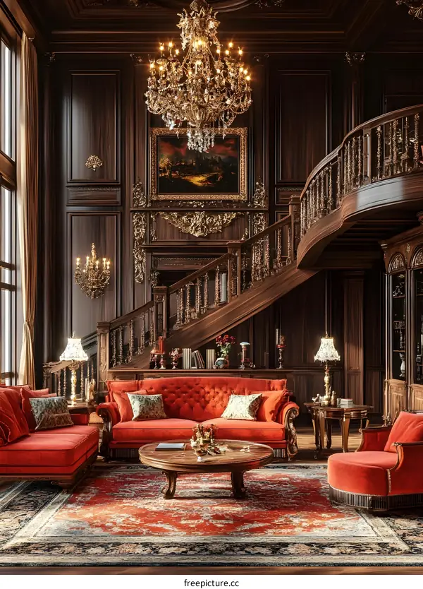 Luxury Living Room Interior Design With Large Chandelier and Staircase