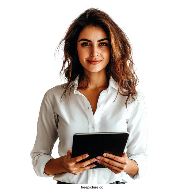 [Transparent Background PNG]Confident Business Woman Holding a Tablet