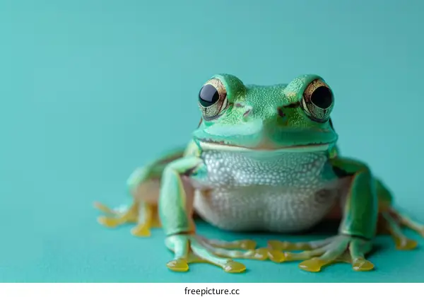 A green frog sits on a green leaf