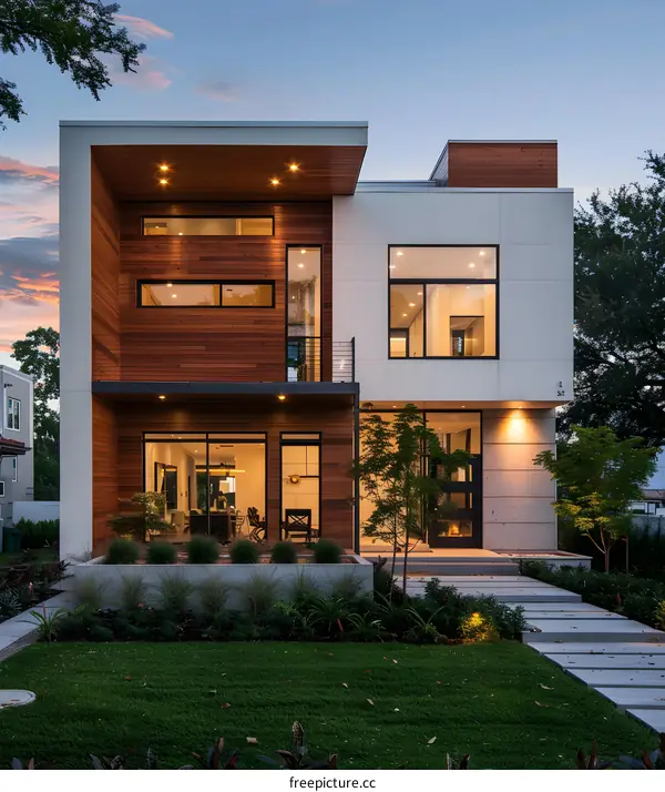 Modern Two Story Home with Wooden Siding and Large Windows