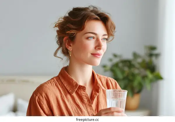 A Young Woman Holding a Glass of Water Indoors