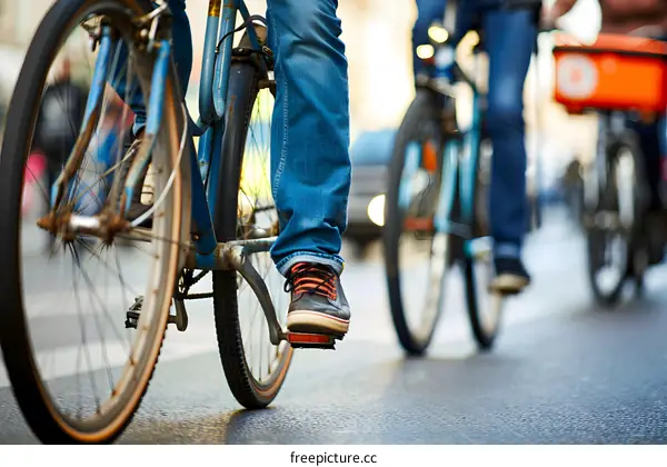 Closeup of Cyclist Pedaling on a Vintage Bicycle