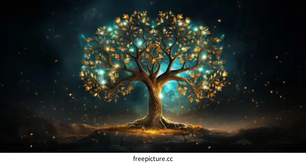 Fantasy Tree of Life with Glowing Leaves and Orbs