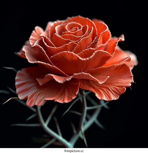 3D rendering of a single red rose with stem and thorns