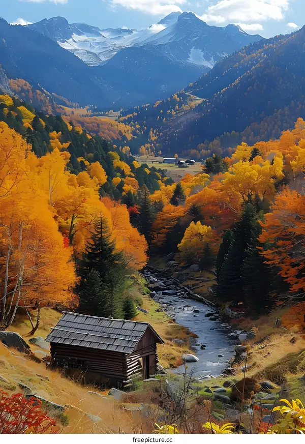 A mountain stream flows through a valley in the fall