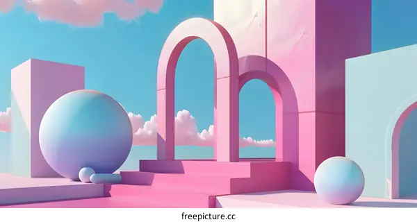Abstract Archway with Pink and Blue Geometric Shapes in a Surreal Landscape