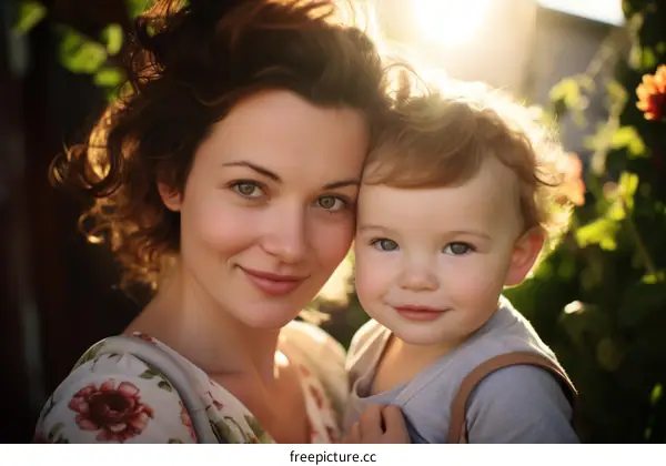 A mother and her child are smiling at each other.