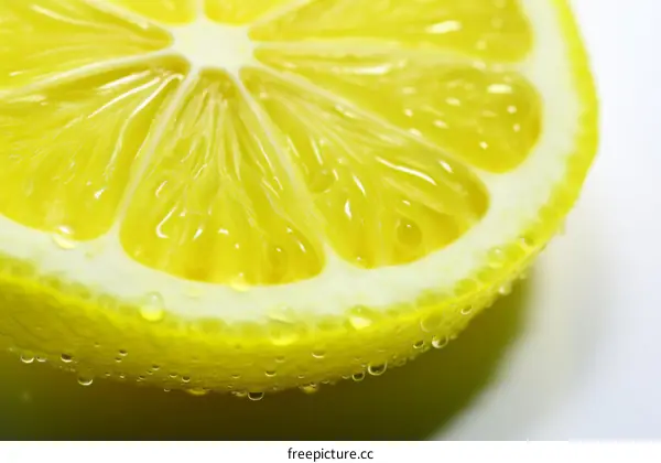 Close-up photo of a lemon wedge with water droplets on the edge