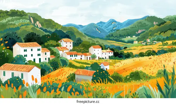 Tranquil Countryside Landscape with Lush Greenery and Rustic Houses