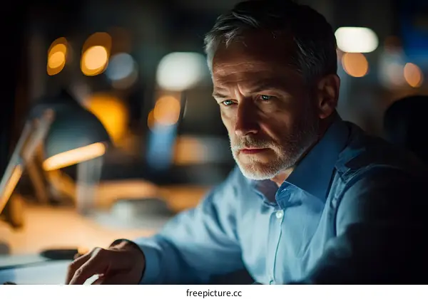 Serious Business Man Working Late at Night