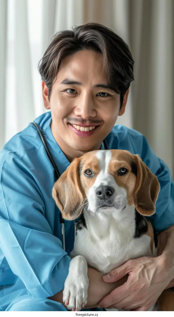 Asian male veterinarian smiling with stethoscope and beagle dog