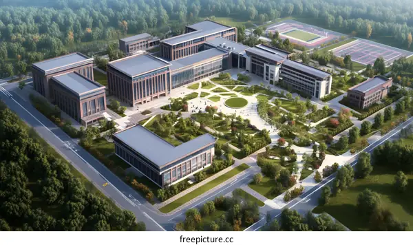 Aerial View of a Modern University Campus with Green Spaces