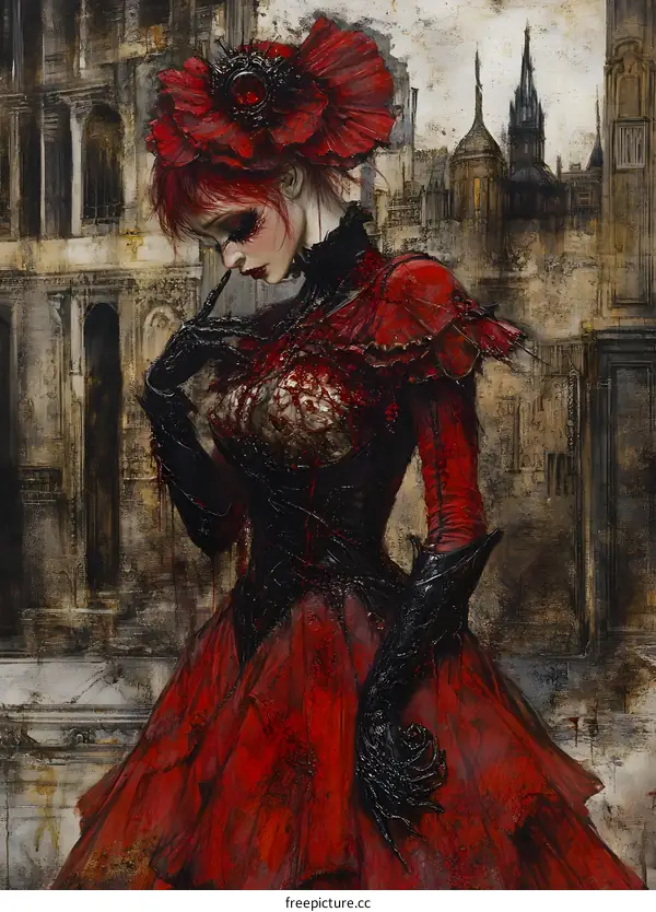 Woman in Red Dress in Front of a Gothic Building