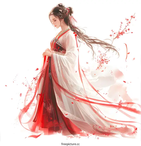 A beautiful Chinese woman in a red dress standing in a field of flowers.