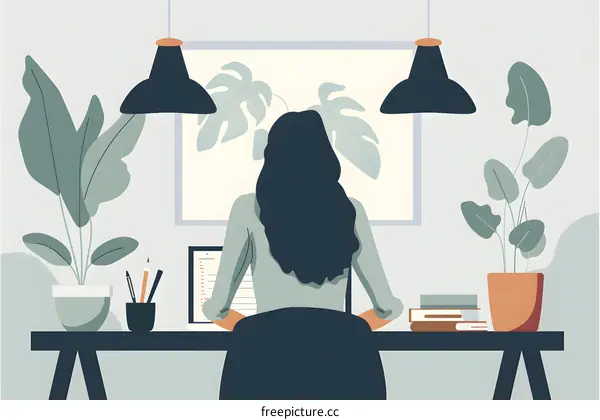 Woman Sitting at Desk in Front of Computer with Plants