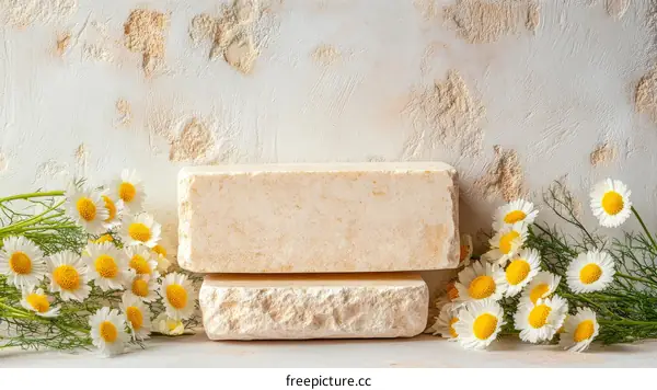 Natural Beige Blocks with Chamomile Flowers