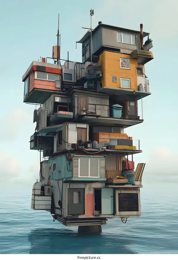 Floating House Made of Random Building Parts