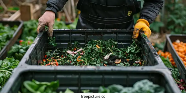 A person wearing gloves holds a bin of compost