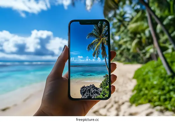 Hand Holding Phone With Tropical Beach Photo