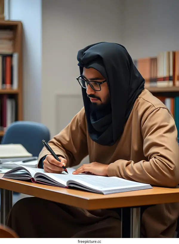 Muslim Man Student Studying in Library