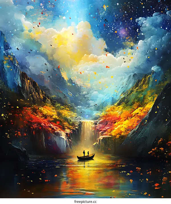 Fantasy Landscape With Waterfall and Couple in a Boat