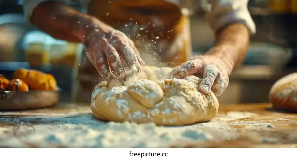 Baker kneading dough with hands in bakery