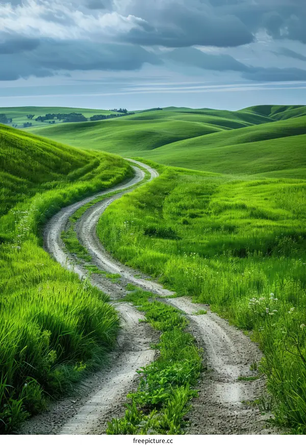 Scenic view of a rural road passing through a lush green hilly field