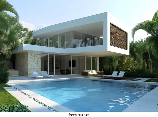 Modern Minimalist House with Swimming Pool and Palm Trees