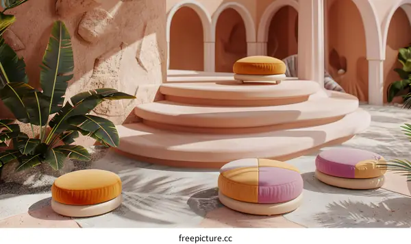 Minimalist Patio Design with Round Cushions and Palm Trees