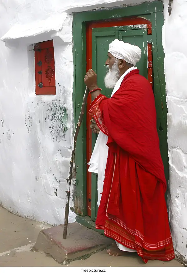 Indian Man Standing By Door In Front Of White Wall