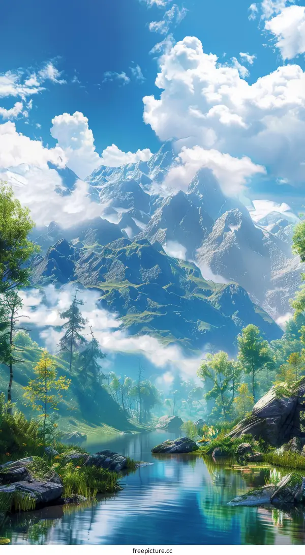 fantasy landscape with mountains lake and forest