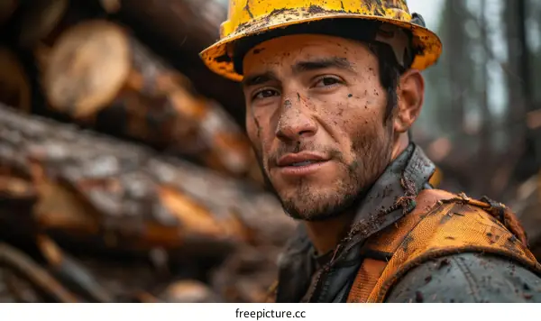 Portrait of a Hispanic male logger in a hard hat standing in a forest