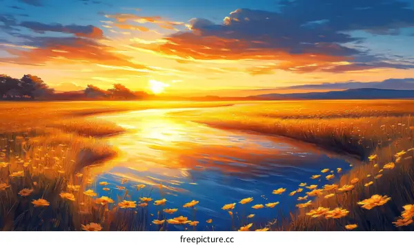 Golden Sunset over a Peaceful River Valley