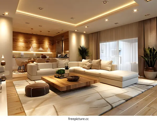 Bright living room interior with white sofa and wooden coffee table