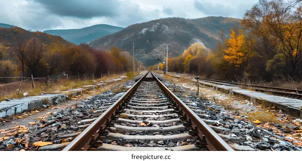 Train Tracks Leading into Autumn Mountains