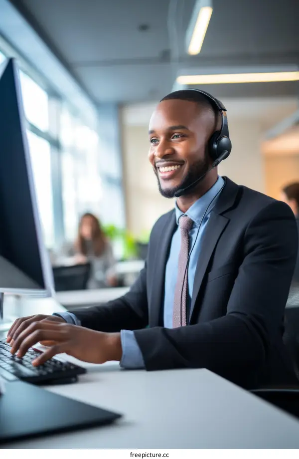Smiling African American businessman wearing a suit and tie and using a computer in an office