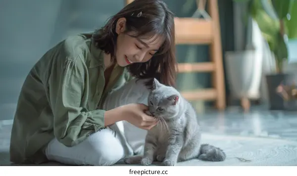 A young woman is petting a gray cat on the floor in the living room.