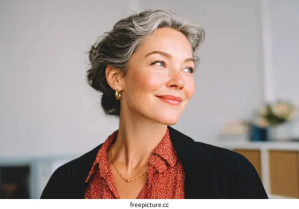 Thoughtful Woman with Gray Hair and a Smile