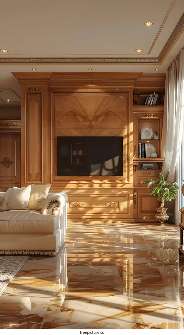 Luxury Living Room with Wooden Paneling and Marble Floor