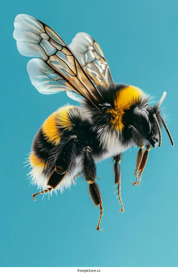 Bumblebee in Flight Against Blue Background