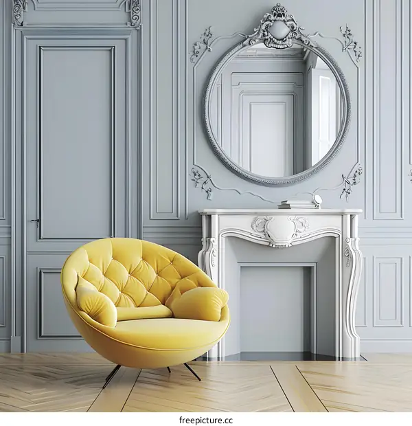 Yellow Velvet Armchair in a French Style Room with a Fireplace and Mirror