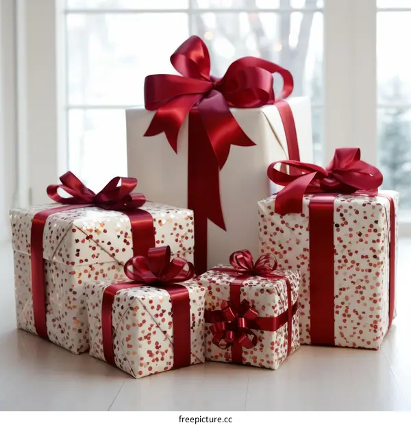 Five Wrapped Gifts with Red Ribbon