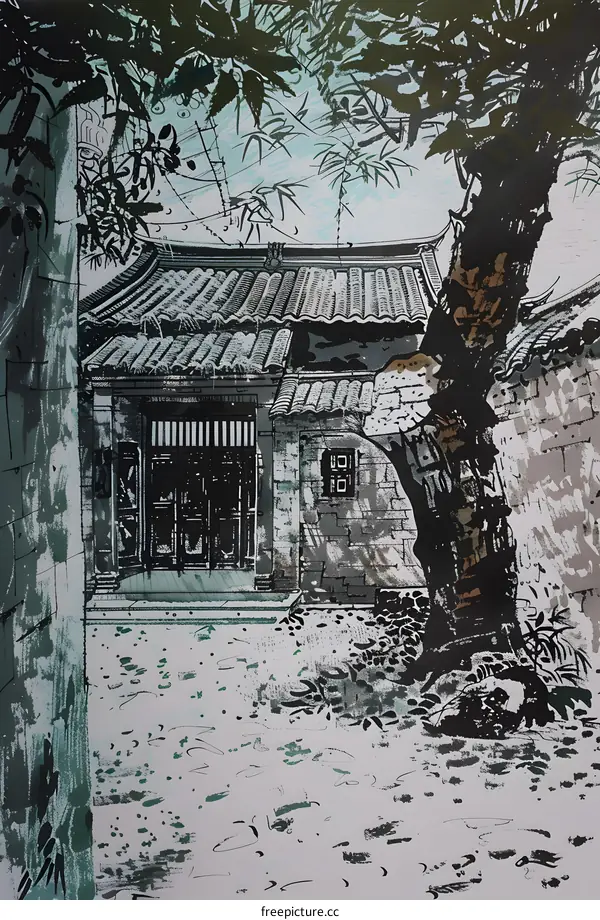 Traditional Chinese Architecture Watercolor Painting